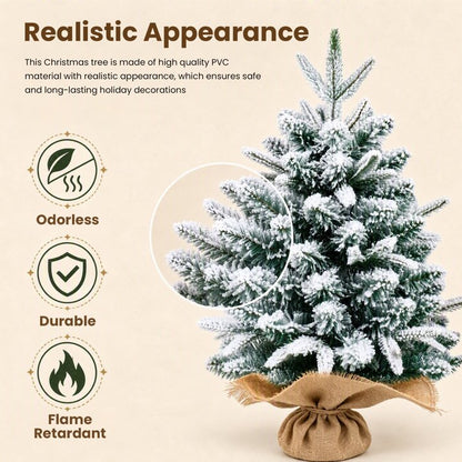 2ft Snow Flocked Tabletop Christmas Tree, Green & White Desk Xmas Tree with 90 Tips & Burlap Base Mini Xmas Pine Tree for Table Desk Home Christmas Holiday Decor