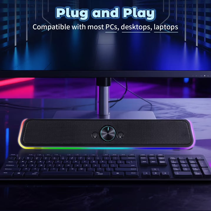 Computer Speakers with Clear Sound, USB Plug & Play PC HiFi Speakers Sound Bar with Dynamic LED Light, 3.5mm Cable Stereo Sound Gaming Speaker for PC Desktop Monitor Laptop, One-knob Control