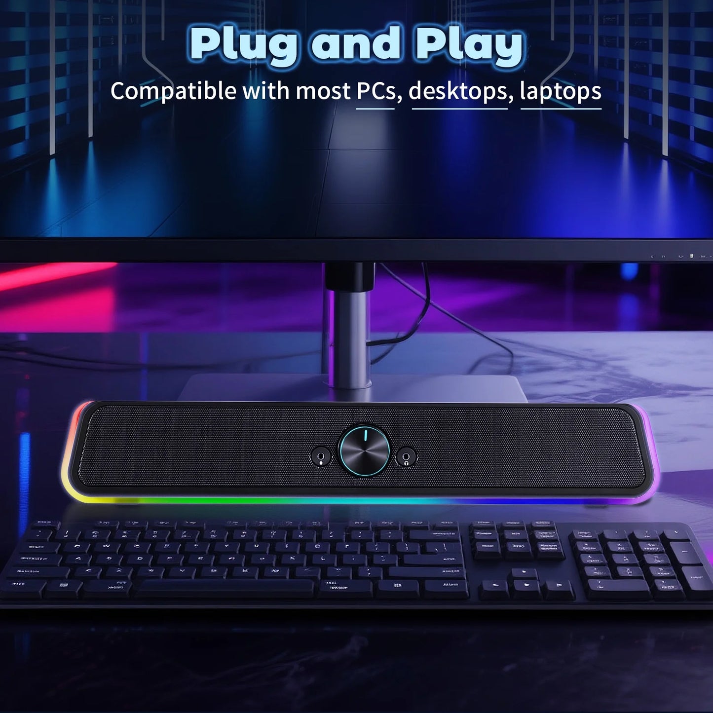 Computer Speakers with Clear Sound, USB Plug & Play PC HiFi Speakers Sound Bar with Dynamic LED Light, 3.5mm Cable Stereo Sound Gaming Speaker for PC Desktop Monitor Laptop, One-knob Control