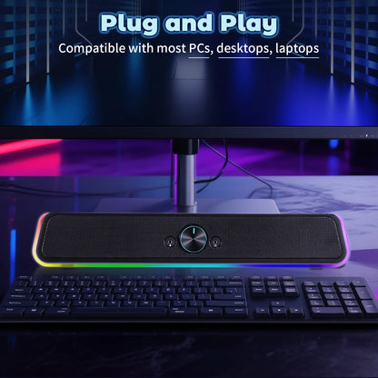 Computer Speakers with Clear Sound, USB Plug & Play PC HiFi Speakers Sound Bar with Dynamic LED Light, 3.5mm Cable Stereo Sound Gaming Speaker for PC Desktop Monitor Laptop, One-knob Control