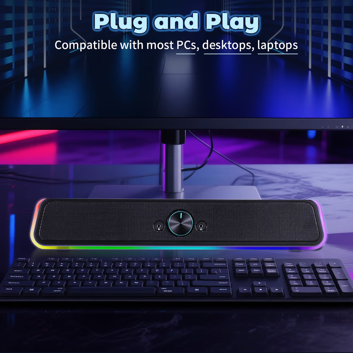 Computer Speakers with Clear Sound, USB Plug & Play PC HiFi Speakers Sound Bar with Dynamic LED Light, 3.5mm Cable Stereo Sound Gaming Speaker for PC Desktop Monitor Laptop, One-knob Control