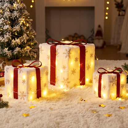 Set of 3 Lighted Christmas Gift Boxes, Pre-Lit 50 LED Light Up Present Ornaments, Plush Snowflake Boxes with Red Bows, Christmas Decorations for Home Indoor, Party & Lawn