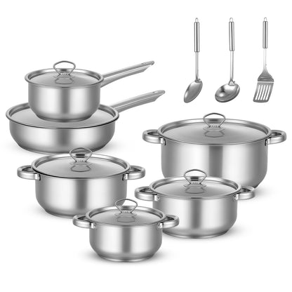 15 Piece Stainless Steel Cookware Set, Pots and Pans Set with Lids Non Toxic, Kitchen Induction Cookware with Utensil Sets For Oven & Dishwasher ,Heavy Premium Kitchen Cooking