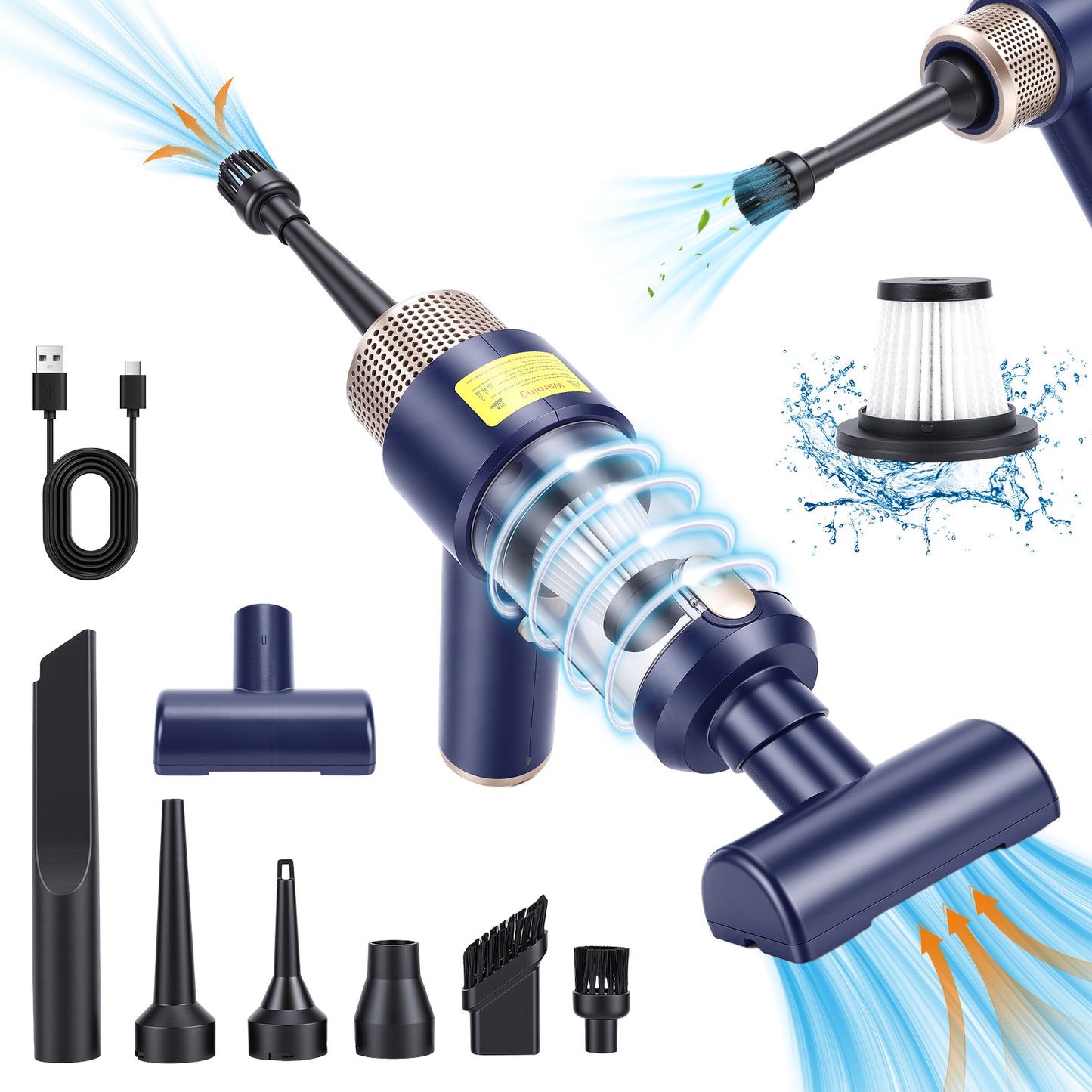 4-in-1 Cordless Vacuum Cleaner, 12000PA Portable Handheld Vacuum Cordless, with Brushless Motor, for Car, Home, Office,Blue + Gold