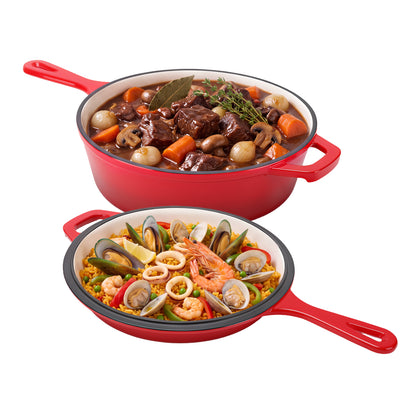 Enameled Cast Iron Skillets, 2-in-1 Cast Iron Dutch Oven Pot with Lid Set, 4QT Dutch Oven + 2QT Skillet for Frying, Baking, Stewing, Grilling,Red