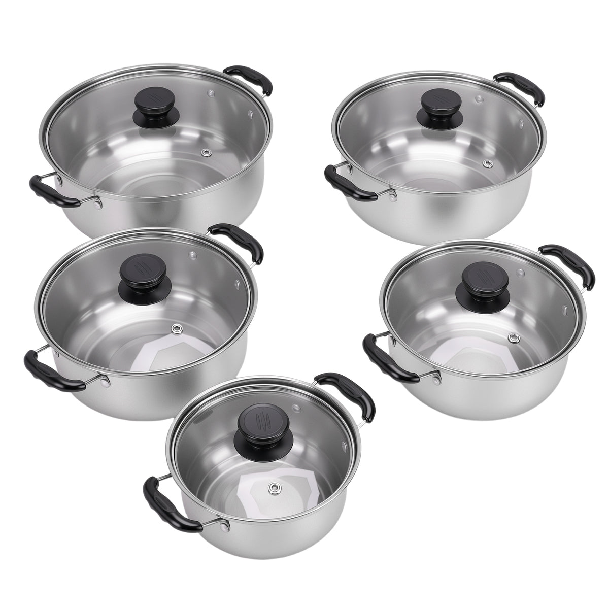 Stainless Steel Pots Sets 10 Piece, Kitchen Cookware Set Saucepan with Glass Lid Stockpot Soup Pot with 2 Ear Handle For Cooking Dishwasher