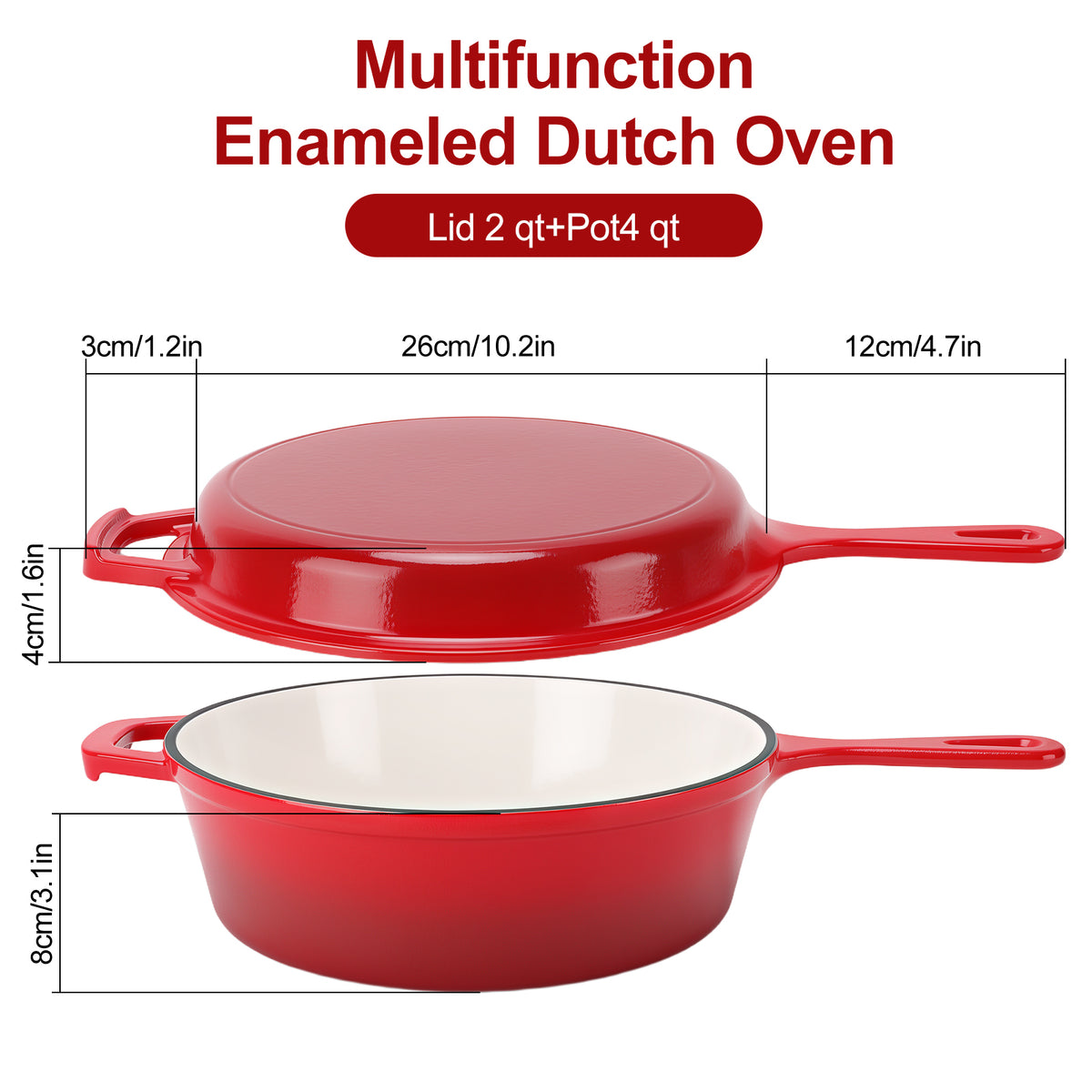 Enameled Cast Iron Skillets, 2-in-1 Cast Iron Dutch Oven Pot with Lid Set, 4QT Dutch Oven + 2QT Skillet for Frying, Baking, Stewing, Grilling,Red