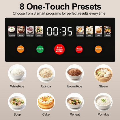 Digital Rice Cooker, 8-Cup 5.5QT Rice Maker, 8-in-1 Smart Multi-Cooker, 24-Hour Timer & Keep Warm, Non-Stick Inner Pot, White