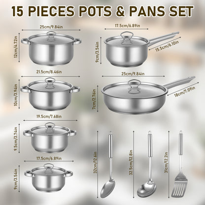 15 Piece Stainless Steel Cookware Set, Pots and Pans Set with Lids Non Toxic, Kitchen Induction Cookware with Utensil Sets For Oven & Dishwasher ,Heavy Premium Kitchen Cooking