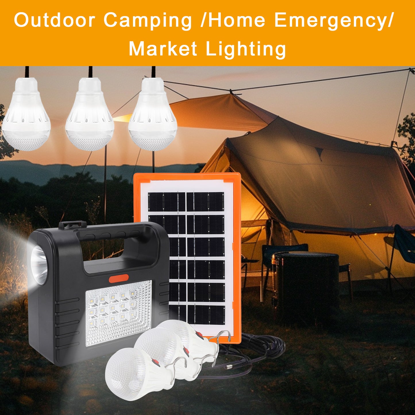 Portable Power Generator Station,12000mah Solar Panel Power Kit Battery Pack Power Station + 3 Bulbs for Outdoor Camping