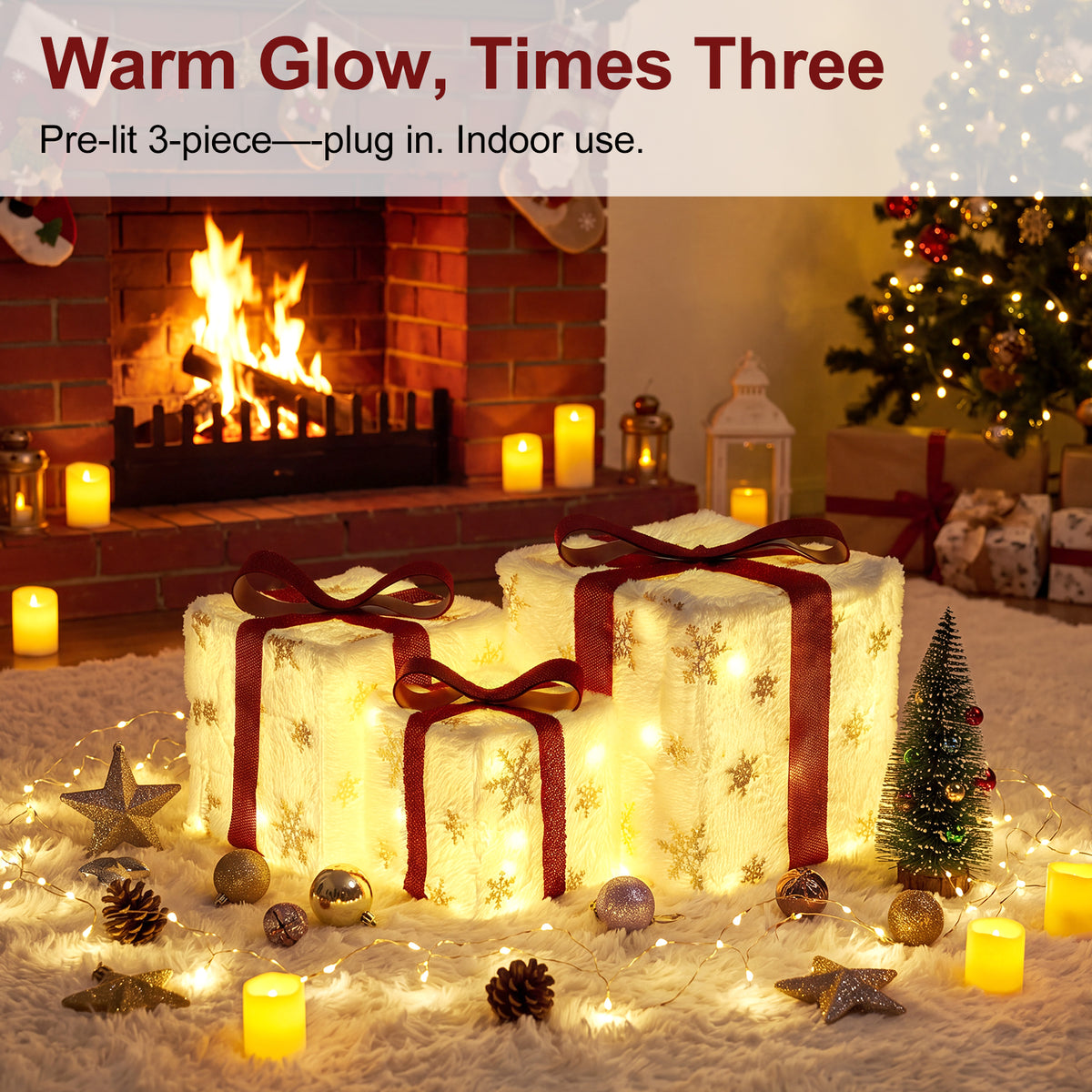 Set of 3 Lighted Christmas Gift Boxes, Pre-Lit 50 LED Light Up Present Ornaments, Plush Snowflake Boxes with Red Bows, Christmas Decorations for Home Indoor, Party & Lawn