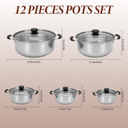 Stainless Steel Pots Sets 10 Piece, Kitchen Cookware Set Saucepan with Glass Lid Stockpot Soup Pot with 2 Ear Handle For Cooking Dishwasher