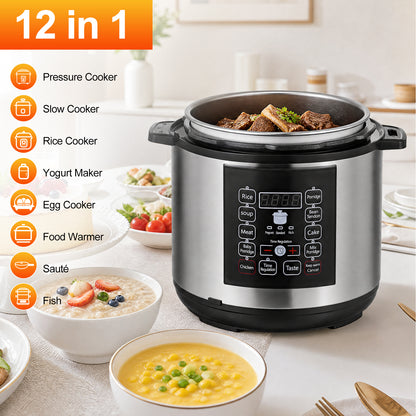 6.5 Quart Electric Pressure Cooker, 12-in-1 Multi-Functional Slow Cooker, Rice Cooker, Saute Pan, Soup Pot, Egg Cooker, Warmer, Preset Cooking, Stainless Steel