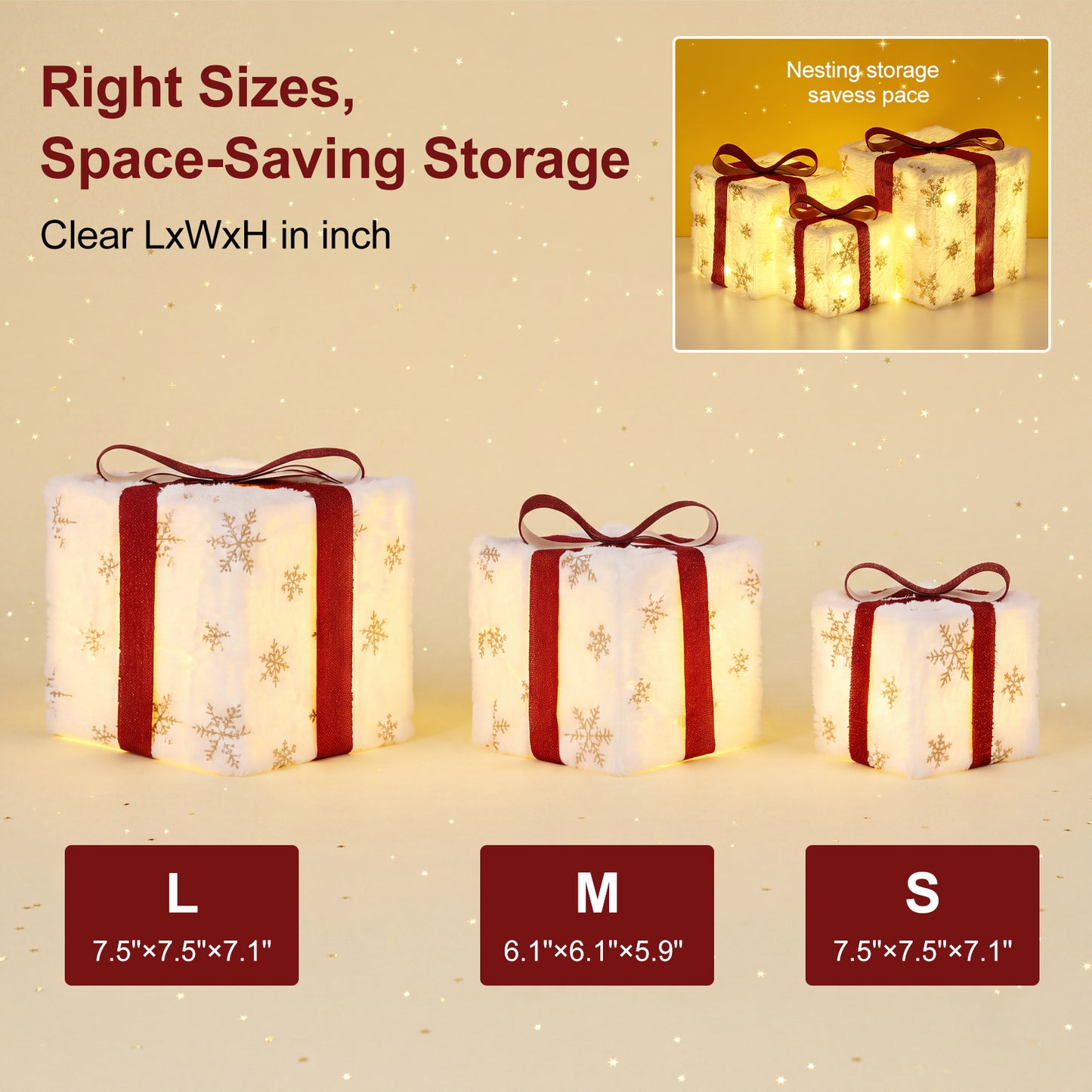 Set of 3 Lighted Christmas Gift Boxes, Pre-Lit 50 LED Light Up Present Ornaments, Plush Snowflake Boxes with Red Bows, Christmas Decorations for Home Indoor, Party & Lawn