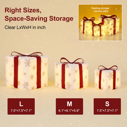 Set of 3 Lighted Christmas Gift Boxes, Pre-Lit 50 LED Light Up Present Ornaments, Plush Snowflake Boxes with Red Bows, Christmas Decorations for Home Indoor, Party & Lawn