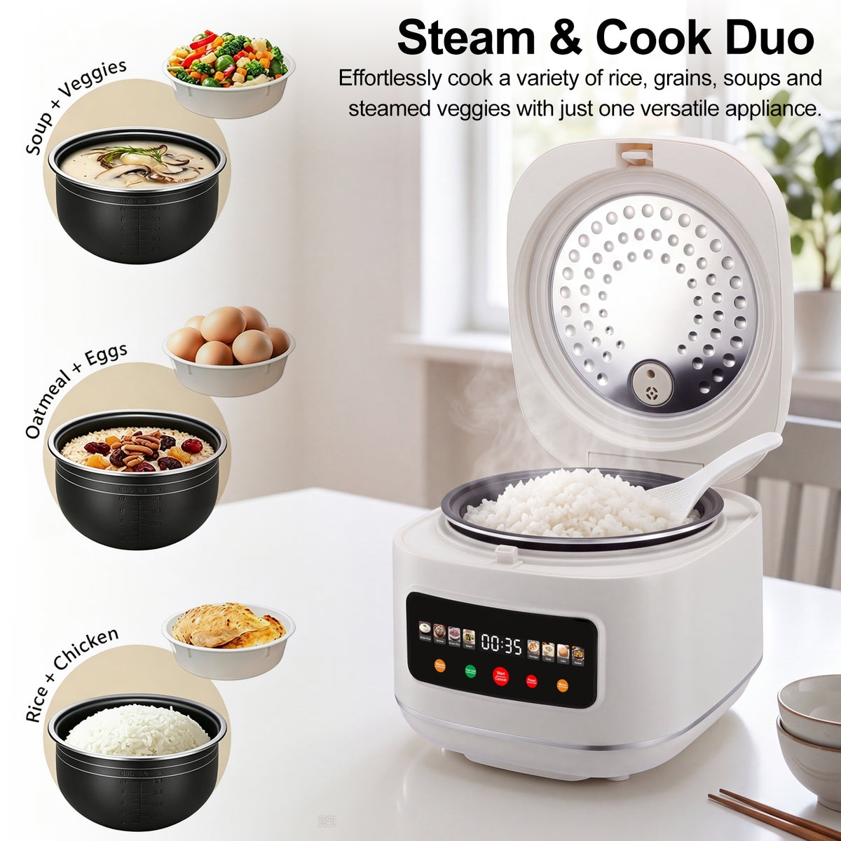 Digital Rice Cooker, 8-Cup 5.5QT Rice Maker, 8-in-1 Smart Multi-Cooker, 24-Hour Timer & Keep Warm, Non-Stick Inner Pot, White
