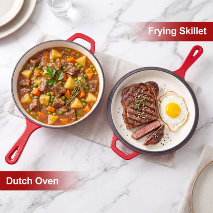 Enameled Cast Iron Skillets, 2-in-1 Cast Iron Dutch Oven Pot with Lid Set, 4QT Dutch Oven + 2QT Skillet for Frying, Baking, Stewing, Grilling,Red