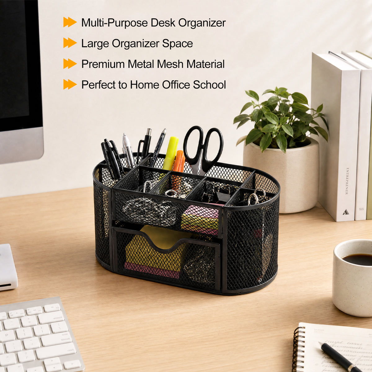 Mesh Desk Organizer, Desk Organizers and Accessories, Pen Holder with Drawers for Office Supplies, Black