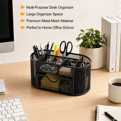 Mesh Desk Organizer, Desk Organizers and Accessories, Pen Holder with Drawers for Office Supplies, Black