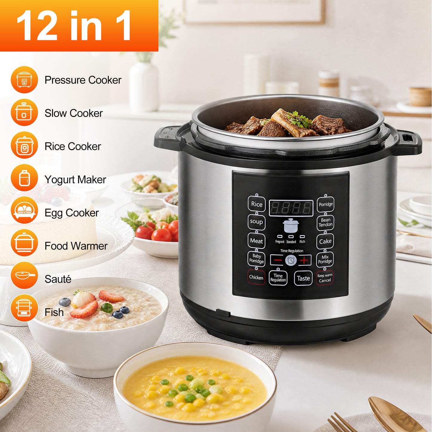 6.5 Quart 12-in-1 Electric Pressure Cooker with Multi-Function Features and Stainless Steel Pot, Silver
