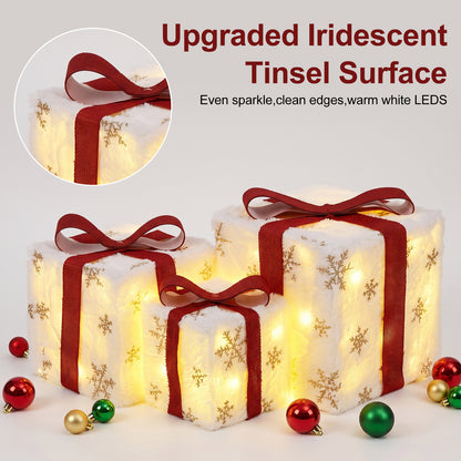 Set of 3 Lighted Christmas Gift Boxes, Pre-Lit 50 LED Light Up Present Ornaments, Plush Snowflake Boxes with Red Bows, Christmas Decorations for Home Indoor, Party & Lawn