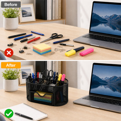 Mesh Desk Organizer, Desk Organizers and Accessories, Pen Holder with Drawers for Office Supplies, Black