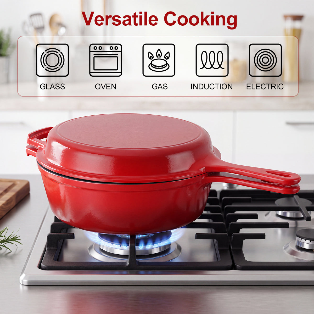 Enameled Cast Iron Skillets, 2-in-1 Cast Iron Dutch Oven Pot with Lid Set, 4QT Dutch Oven + 2QT Skillet for Frying, Baking, Stewing, Grilling,Red