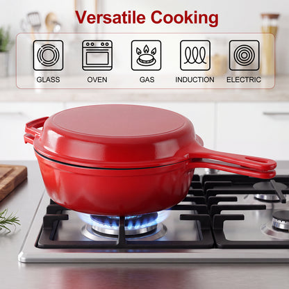 Enameled Cast Iron Skillets, 2-in-1 Cast Iron Dutch Oven Pot with Lid Set, 4QT Dutch Oven + 2QT Skillet for Frying, Baking, Stewing, Grilling,Red