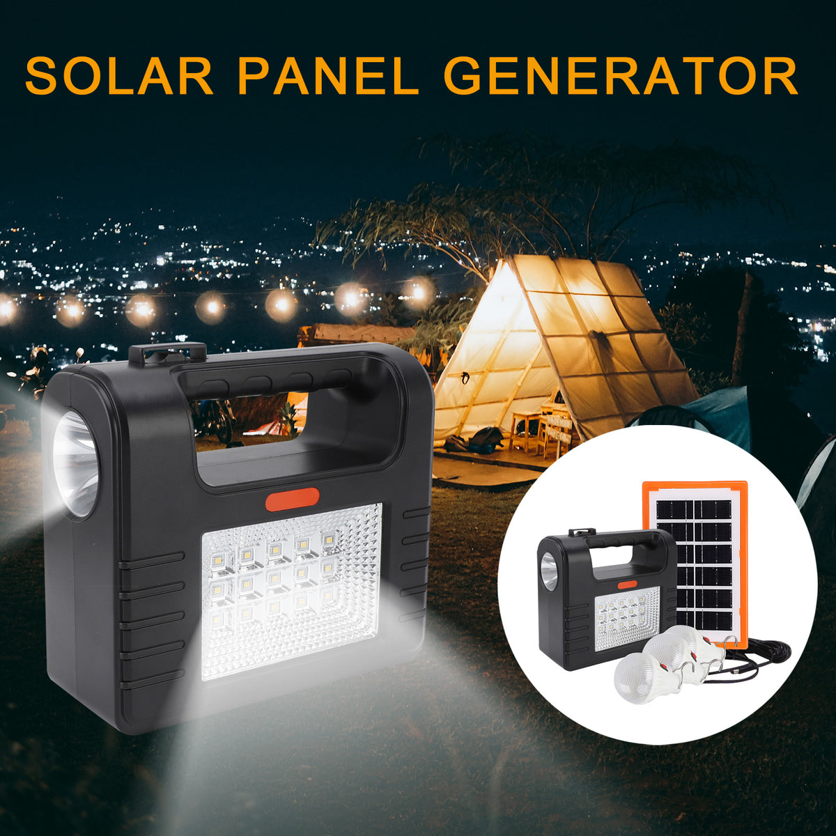 Portable Power Generator Station,12000mah Solar Panel Power Kit Battery Pack Power Station + 3 Bulbs for Outdoor Camping