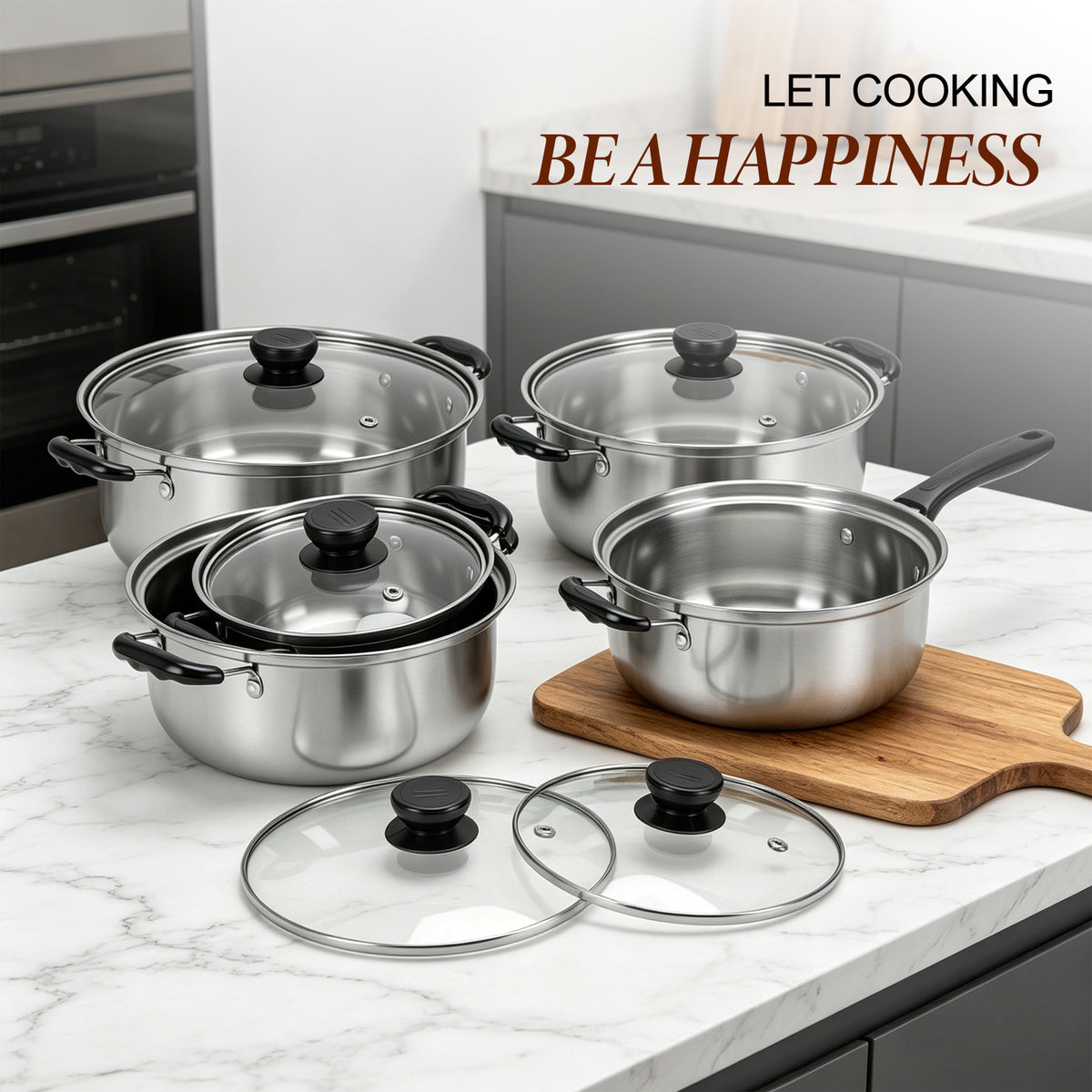 Stainless Steel Pots Sets 10 Piece, Kitchen Cookware Set Saucepan with Glass Lid Stockpot Soup Pot with 2 Ear Handle For Cooking Dishwasher