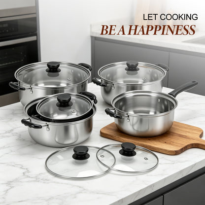Stainless Steel Pots Sets 10 Piece, Kitchen Cookware Set Saucepan with Glass Lid Stockpot Soup Pot with 2 Ear Handle For Cooking Dishwasher