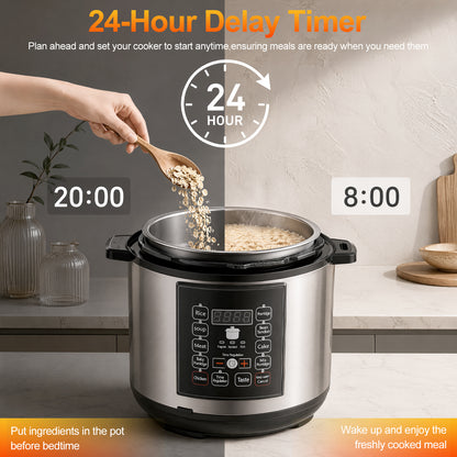 6.5 Quart 12-in-1 Electric Pressure Cooker with Multi-Function Features and Stainless Steel Pot, Silver