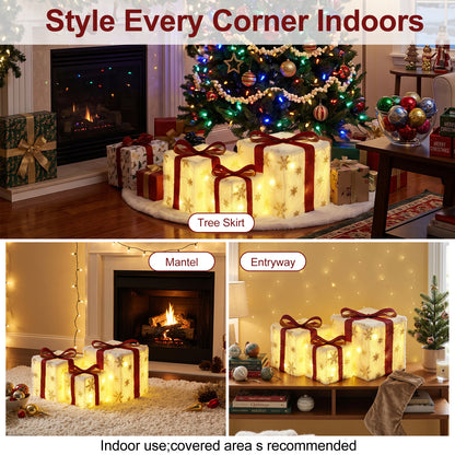 Set of 3 Lighted Christmas Gift Boxes, Pre-Lit 50 LED Light Up Present Ornaments, Plush Snowflake Boxes with Red Bows, Christmas Decorations for Home Indoor, Party & Lawn