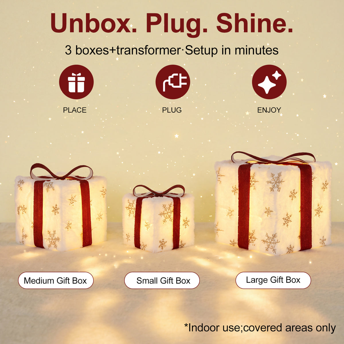 Set of 3 Lighted Christmas Gift Boxes, Pre-Lit 50 LED Light Up Present Ornaments, Plush Snowflake Boxes with Red Bows, Christmas Decorations for Home Indoor, Party & Lawn