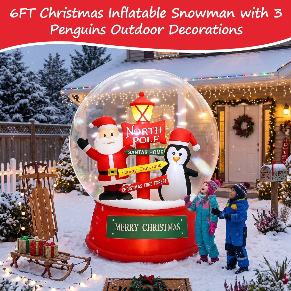 Christmas Inflatables Decorations, 6FT Inflatable Xmas Snow Globe with Built-in Rotating Lights, Lighted Blow Up Santa & Penguin in Snowing Globe for Holiday Lawn Yard Garden