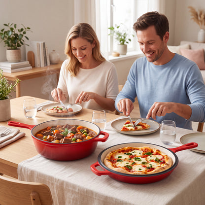 Enameled Cast Iron Skillets, 2-in-1 Cast Iron Dutch Oven Pot with Lid Set, 4QT Dutch Oven + 2QT Skillet for Frying, Baking, Stewing, Grilling,Red