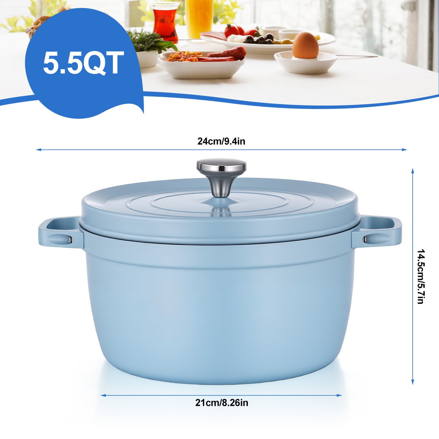 5.5 QT Enameled Cast Iron Dutch Oven Pot with Lid, Dual Handles, Non-Stick Coating for Bread Baking & Cooking, Blue
