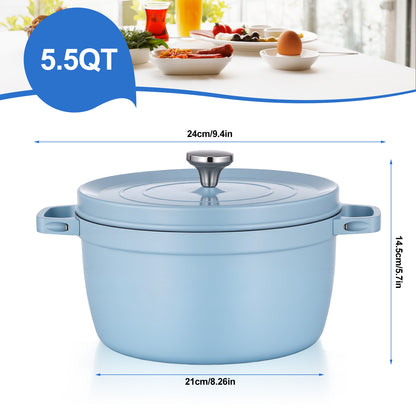 5.5 QT Enameled Cast Iron Dutch Oven Pot with Lid, Dual Handles, Non-Stick Coating for Bread Baking & Cooking, Blue