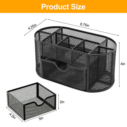 Mesh Desk Organizer, Desk Organizers and Accessories, Pen Holder with Drawers for Office Supplies, Black