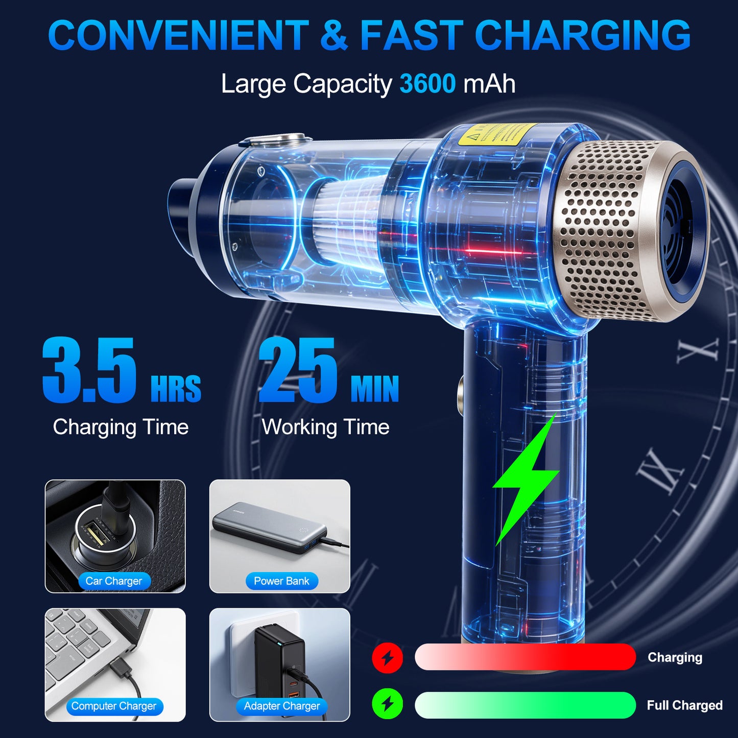 4-in-1 Cordless Vacuum Cleaner, 12000PA Portable Handheld Vacuum Cordless, with Brushless Motor, for Car, Home, Office,Blue + Gold