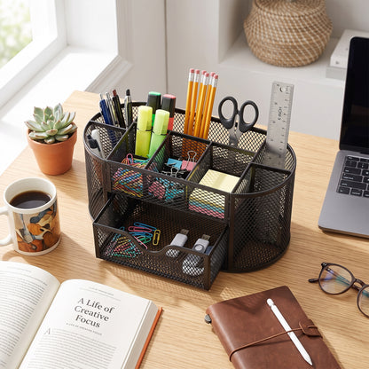 Mesh Desk Organizer, Desk Organizers and Accessories, Pen Holder with Drawers for Office Supplies, Black