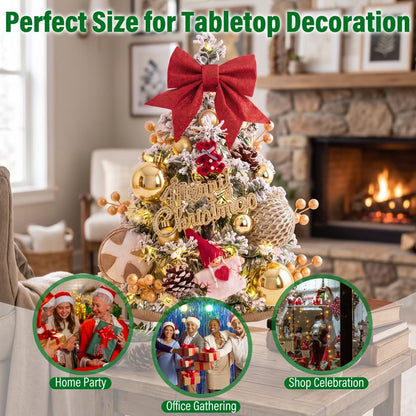 45cm Snow Flocked Mini Xmas Tree with Lights/Base Pinecones Red Berries Artificial Tabletop Xmas Tree for Festive Home Decor Golden