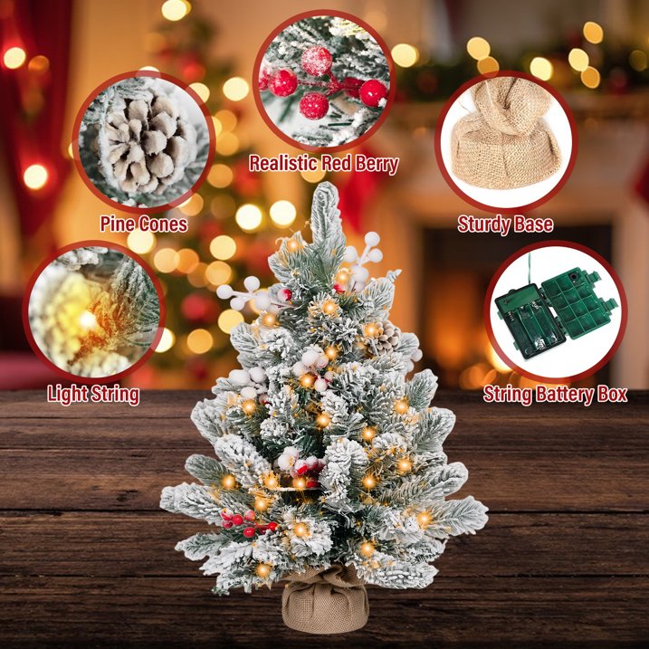 Small Xmas Tree Warm Light LED String Flocked Snow Decor Artificial Desktop Xmas Pine Tree for Home 60cm / 23.6in