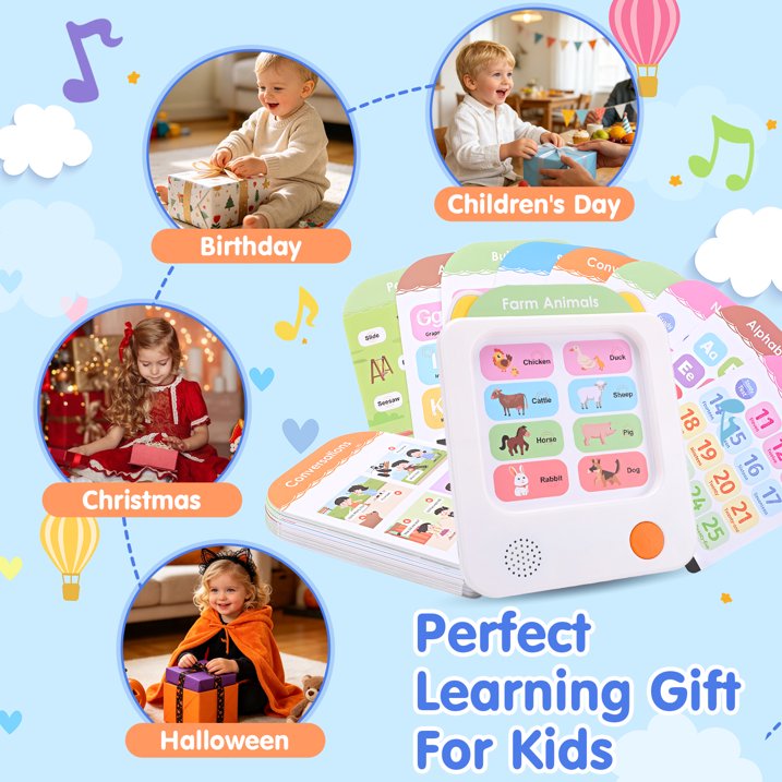 Talking Flash Cards for Toddlers Ages 1‑4, 504 Words English, Montessori Language Learning Toys with 36 Themes, Children's Sensory Toys, Pocket Speech Study Device, Birthday Gift for Boys Girls