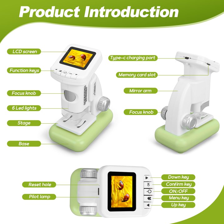 Digital Microscope for Kids 1200X - 2'' LCD Screen STEM Toy with 32G SD Card for Photo/Video, Portable Pocket Microscope for Boys Girls Ages 6,7,8-12, Science Kit Gift Birthday Christmas