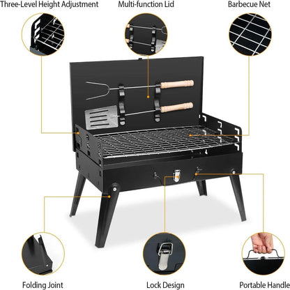 Portable Charcoal Grill, Foldable BBQ Grill Tabletop Lightweight Iron Charcoal Grill with Vent/Foldable Legs for Outdoor Camping Picnics Patio Tailgating Travel Garden Grilling with Shovel Fork Hooks