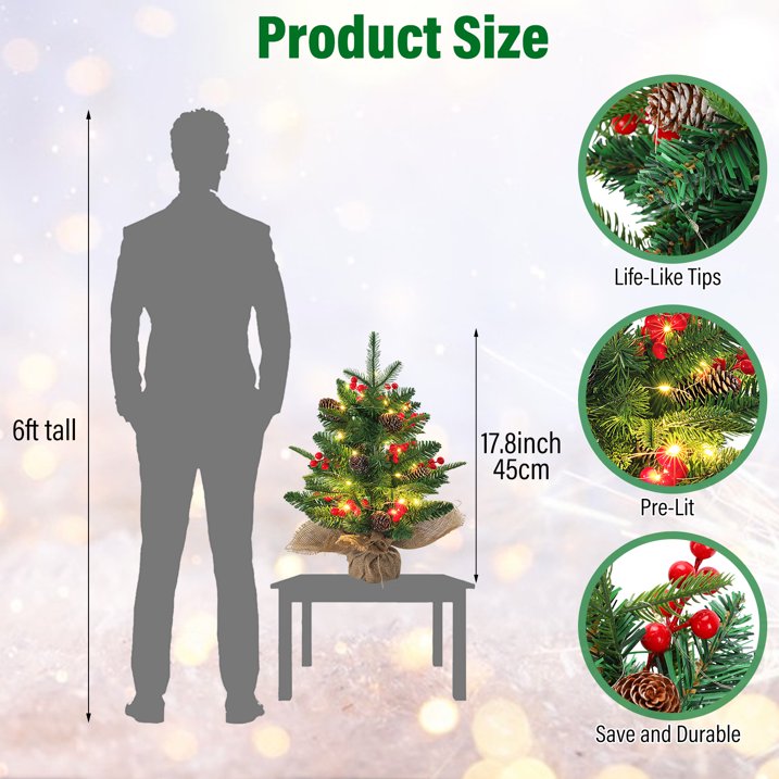 Mini Christmas Tree with LED Lights, 18 inch Small Xmas Tree with Red Berries & Pinecone, Easy Setup Table Decorations for Home, Office, Dining Table and Indoor Festive Displays