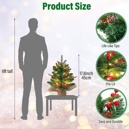 Mini Christmas Tree with LED Lights, 18 inch Small Xmas Tree with Red Berries & Pinecone, Easy Setup Table Decorations for Home, Office, Dining Table and Indoor Festive Displays