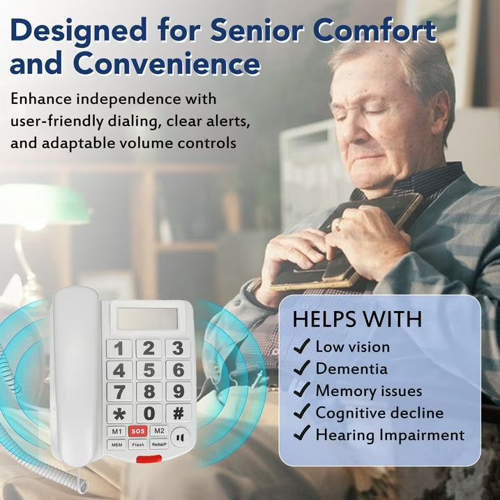 Large Button Phones for Seniors, Wired Telephone with Caller ID/Hands-Free for Office, Adjustable Amplified Volume Landline Phones for Visually/Hearing Impaired Elderly Emergency House Phones