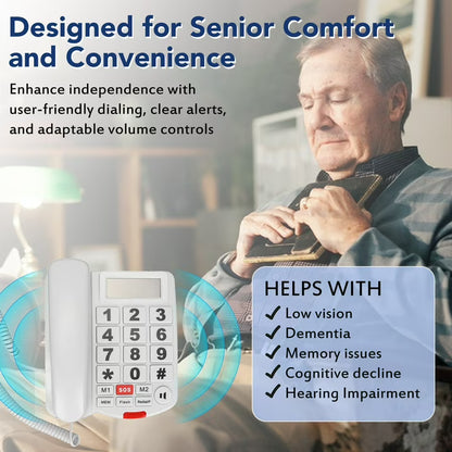 Large Button Phones for Seniors, Wired Telephone with Caller ID/Hands-Free for Office, Adjustable Amplified Volume Landline Phones for Visually/Hearing Impaired Elderly Emergency House Phones